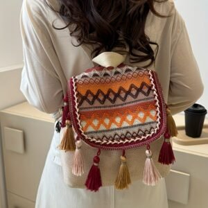Mochila casual de mujer de nuevo estilo étnico, gran capacidad con bolsa de borlas, bolso de hombro casual versátil y de moda