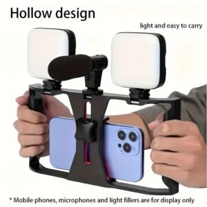 Estabilizador universal de mano para smartphone con soporte de cabeza giratorio, soporte para micrófono de transmisión en vivo, con tres puertos de expansión de zapata fría y múltiples interfaces de expansión de 1/4, compatible con la mayoría de los soportes para teléfonos