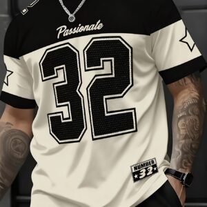 Camiseta de Hombre de Secado Rápido con Diseño Número 32 - Camiseta de Gimnasio Transpirable de Cuello Redondo, Lavable a Máquina en Poliéster, Adecuada para Gimnasio, Uso Diario y Formal - Camiseta Negra de Primavera/Verano/Otoño con Estampado 32