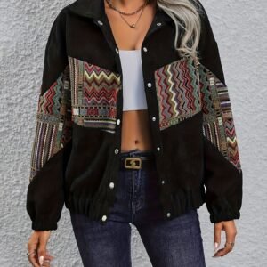 Chaqueta Casual de Mujer con Cuello de Solapa y Manga Larga en Estilo Étnico