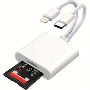 Lector de Tarjetas SD para iPhone iPad, Lector de Tarjetas de Memoria SD de 5.08 cm con 2 Ranuras USB C para Tarjeta de Memoria/SD, Adaptador Lector de Tarjetas de Cámara Lightning+USB C para iPhone/iPad/Android/Cámara, Conectar y Usar