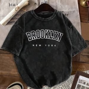Camiseta de hombre de verano con estampado de Brooklyn New York, moderna, oversized, vintage, lavada, cuello redondo de alta calidad