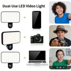 Una luz LED compacta para selfies con tres colores ajustables, diseñada para usar con teléfonos, cámaras y laptops. Ideal para mejorar selfies, videollamadas y vlogs