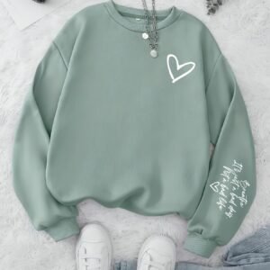Sudadera casual de mujer con cuello redondo, estampados de corazones y letras a la moda