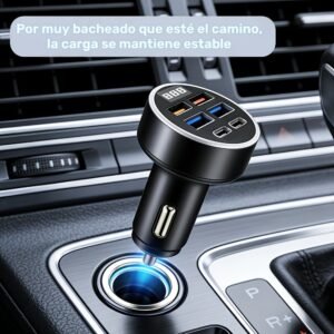 Cargador Rápido para Auto 6 en 1, 4 Puertos USB + 2 Puertos Tipo-C, Carga Rápida de 66W con Monitoreo de Voltaje para una Carga Más Segura; Doble Carga Rápida PD3.0, Pantalla Digital, Cargador Portátil, Cargador para Teléfono en el Auto