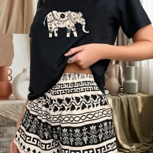 Pijama de mujer con estampado de elefante, manga corta y shorts, en tela cómoda para el hogar