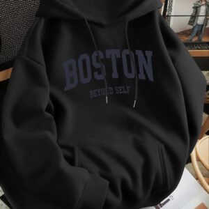 Sudadera con Capucha para Hombre, Estilo Vintage con Estampado de Letras Boston, Ajuste Regular, Cuello con Capucha, Color Sólido con Estampado Gráfico, Manga Larga Casual