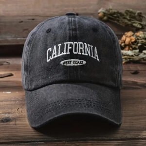 Gorra de béisbol retro California para mujer y unisex, ligera y transpirable con estampado de letras CAL, California costa oeste, aspecto vintage lavado en gris oscuro y gris carbón, ajuste ceñido sin elasticidad, gorra casual de estilo urbano para playa, surf y vestimenta casual