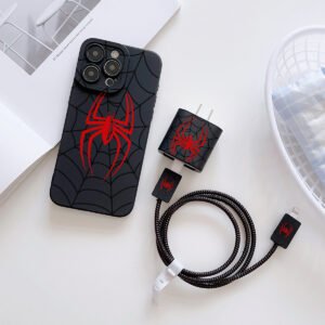 Juego de 6 piezas con diseño de araña en rojo y negro, incluye funda para celular, cubierta para cargador, protector de cable, correa de almacenamiento y protector para cable de datos, fabricado en TPU para protección contra caídas, compatible con modelos de iPhone 6/7/8/X/Xs/Xr/Xs Max/11/12/13/14/15/16 Pro Max. Ideal como regalo de cumpleaños o navidad para parejas, hijas y adolescentes